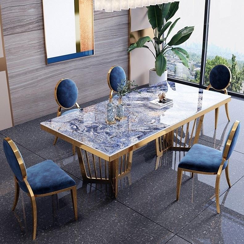 Marble Dining Table, Modern White Sintered Stone Dining Room Table with Stainless Legs, Rectangular Dinner Table Kitchen Table