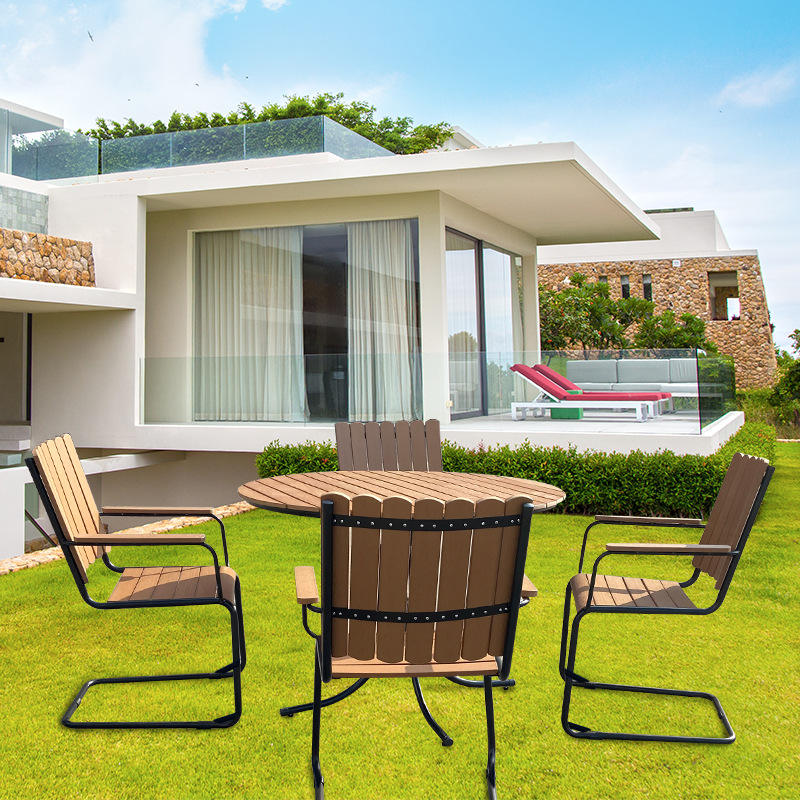 Outdoor Commercial Furniture Dining Chair And Table Set Metal Frame Plastic Wood Chair Garden Sillas Courtyard Mesas
