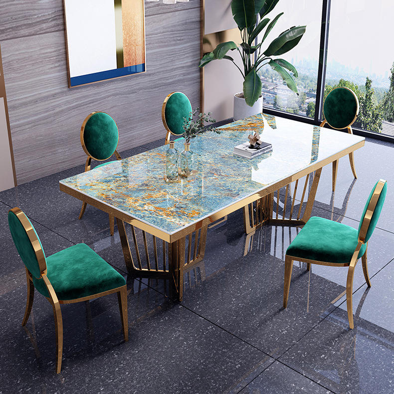 Marble Dining Table, Modern White Sintered Stone Dining Room Table with Stainless Legs, Rectangular Dinner Table Kitchen Table