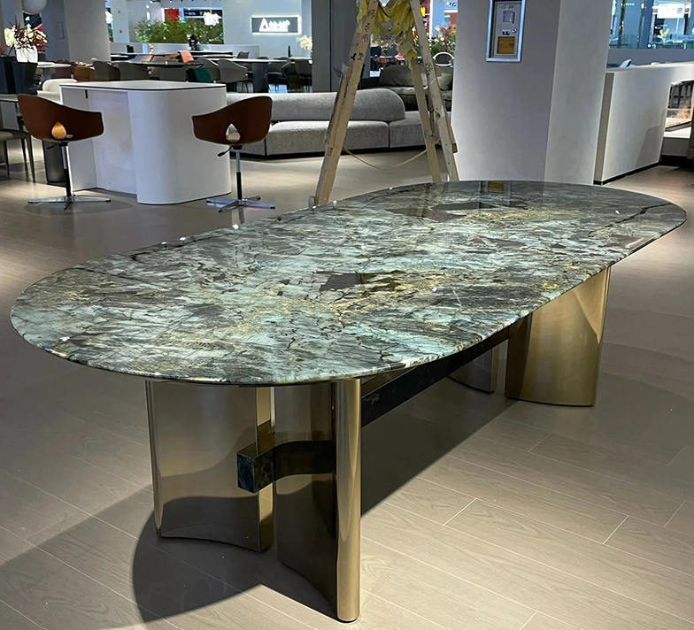 Wholesale Fashion Creative STAINLESS STEEL Leg Dining Table Dining Room Furniture Marble Tabletop Dinner Table mesasJade stone