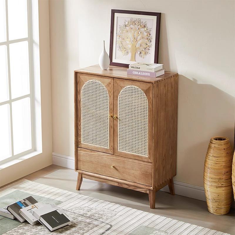 Wholesale Nordic Design Wooden Board Chest Drawer Tallboy Real Rattan Console Table Wooden Cabinets Ash Wood Rattan Side Cabinet