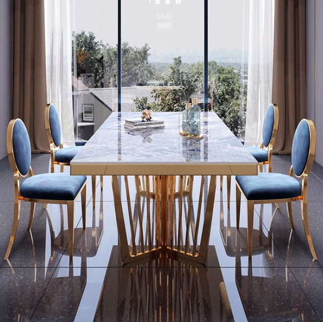 Marble Dining Table, Modern White Sintered Stone Dining Room Table with Stainless Legs, Rectangular Dinner Table Kitchen Table