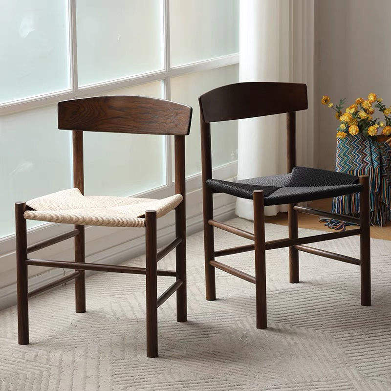 solid wood frame dining chair classic design armrest woven rope seat dining chair restaurant wooden chair