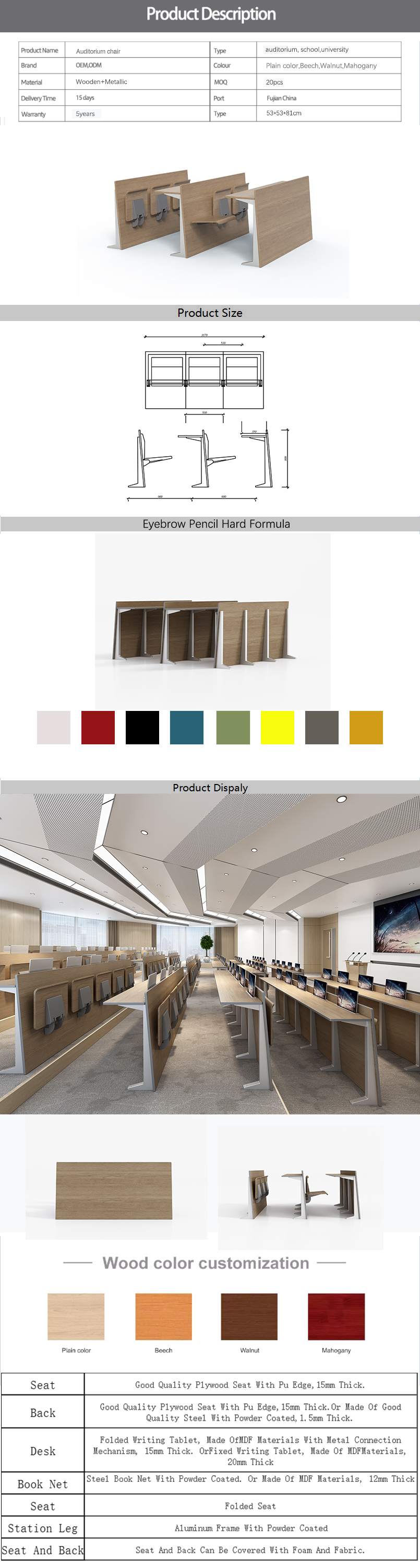 Music Hall Fabric Upholstered student chair and desk classroom for university sets