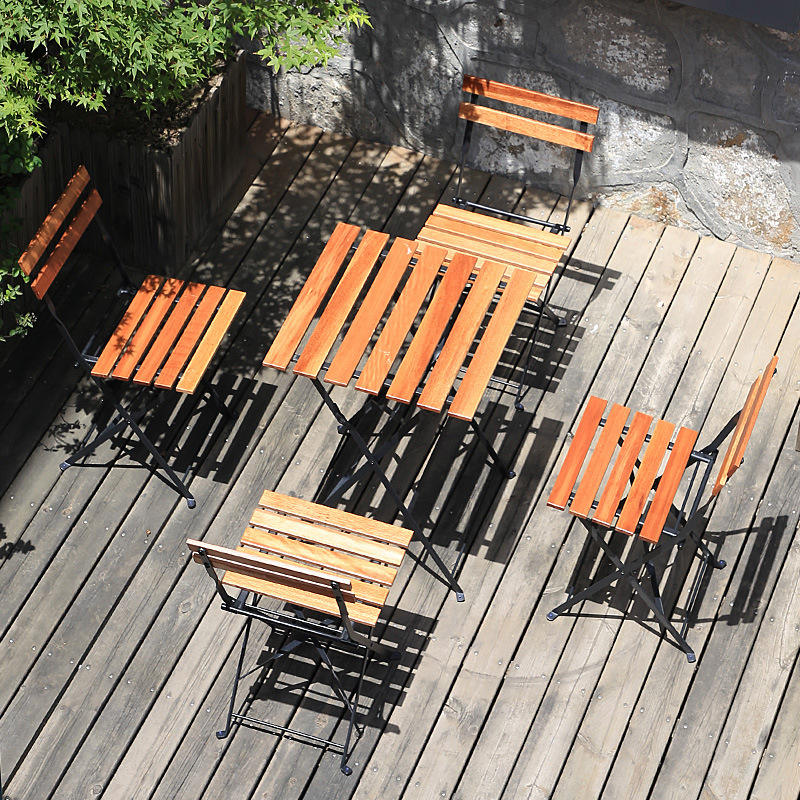 Dining Outdoor Commercial Furniture Foldable Table And Chair Set Metal Frame Wood Chair Garden Sillas Courtyard Mesas