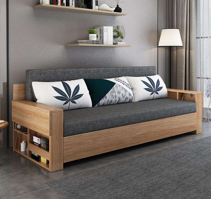 New Arrival Modern Living Room Solid Wood Sofa Furniture With Storage Table Hidden Armrest Function Foldable Sofa Bed