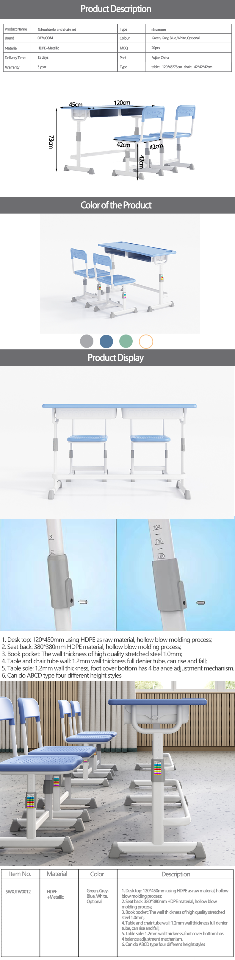 School Furniture Double Seater School desk and chair adjustable height in classroom sets mesas