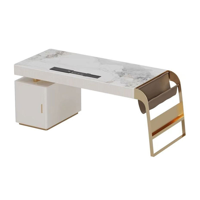 French Designer Elegent Style Modern Stainless Steel Gold Luxury Home Furniture Desk Office Table Slate Limestone Desktop Steel