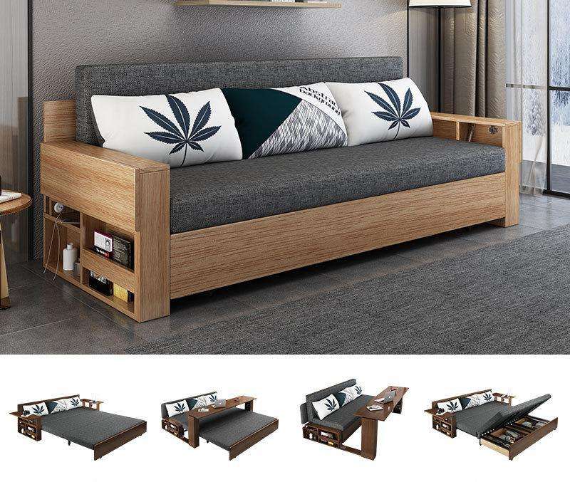 New Arrival Modern Living Room Solid Wood Sofa Furniture With Storage Table Hidden Armrest Function Foldable Sofa Bed