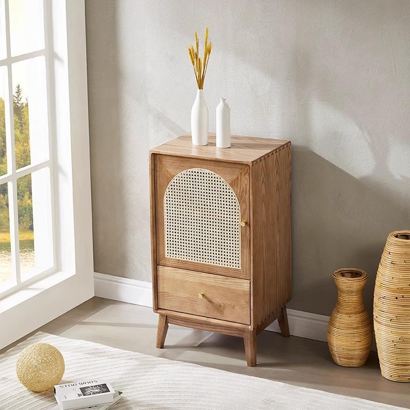 Wholesale Nordic Design Wooden Board Chest Drawer Tallboy Real Rattan Console Table Wooden Cabinets Ash Wood Rattan Side Cabinet