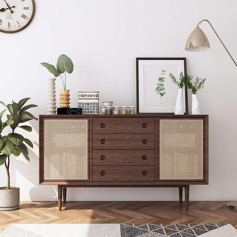 Home Furniture Natural Recycled Pine Solid Wood Real Rattan Side Board Cabinet For Living Room Japanese Style Corner Cabinet