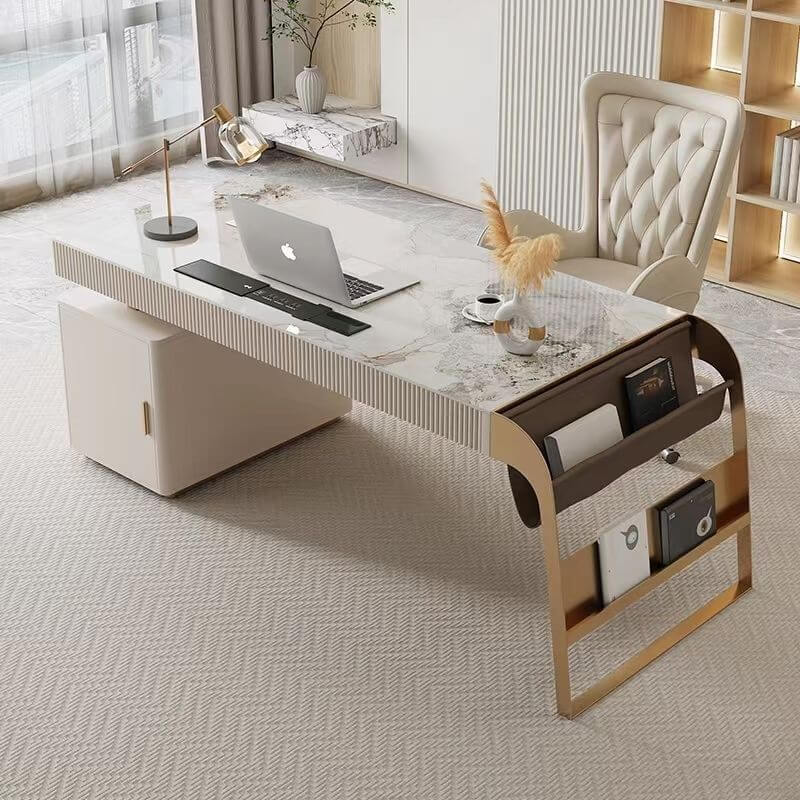 French Designer Elegent Style Modern Stainless Steel Gold Luxury Home Furniture Desk Office Table Slate Limestone Desktop Steel