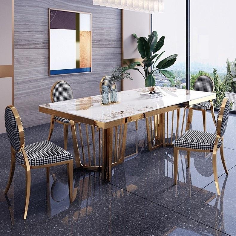 Marble Dining Table, Modern White Sintered Stone Dining Room Table with Stainless Legs, Rectangular Dinner Table Kitchen Table