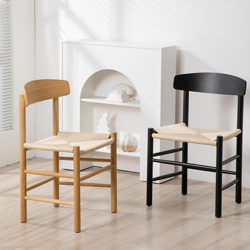 solid wood frame dining chair classic design armrest woven rope seat dining chair restaurant wooden chair