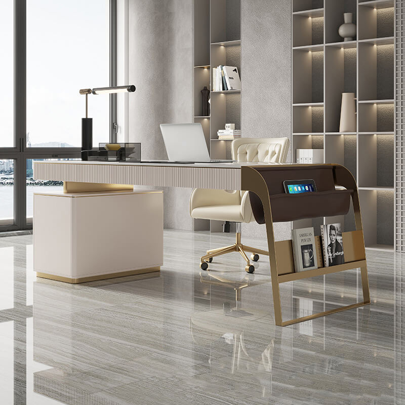 French Designer Elegent Style Modern Stainless Steel Gold Luxury Home Furniture Desk Office Table Slate Limestone Desktop Steel