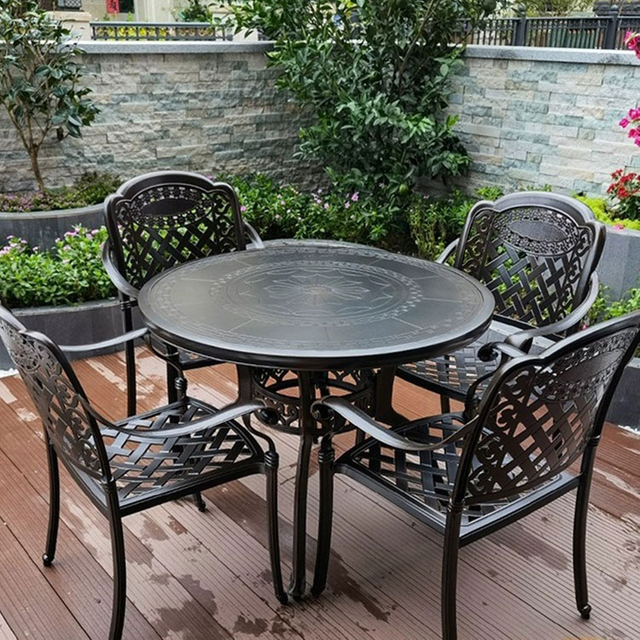 Patio Furniture Dining Set, All-Weather Cast Aluminum Outdoor Conversation Set, Include 4 Cushioned Chairs and 1 Round Table