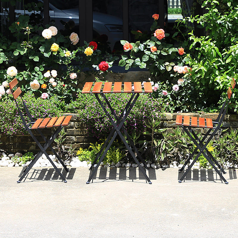 Dining Outdoor Commercial Furniture Foldable Table And Chair Set Metal Frame Wood Chair Garden Sillas Courtyard Mesas