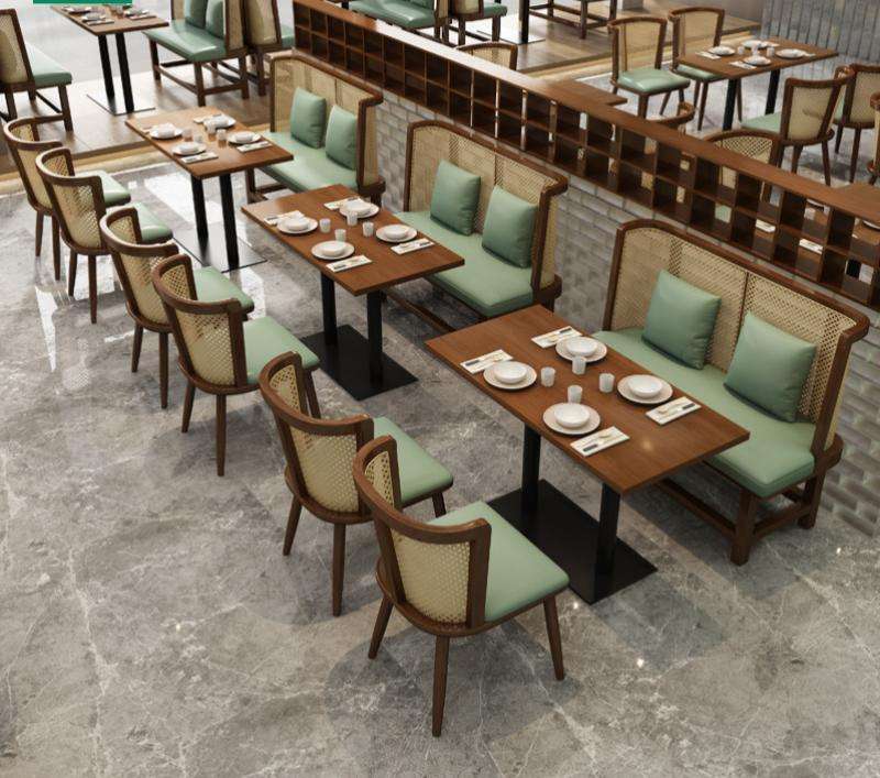 Southeast Asian Style Restaurant Solid Wood Rattan Booth sofa Commercial Furniture Mesas Sillas Booth Table Chair Set