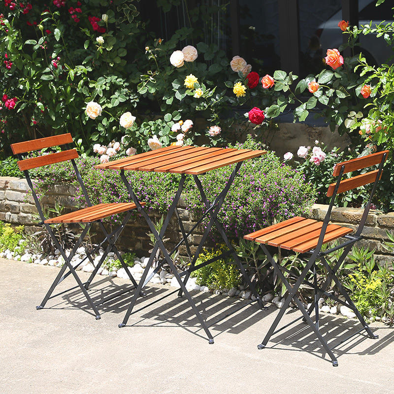 Dining Outdoor Commercial Furniture Foldable Table And Chair Set Metal Frame Wood Chair Garden Sillas Courtyard Mesas