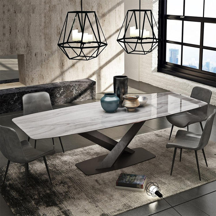Wholesale Fashion Creative Wire Leg Dining Table Dining Room Furniture Marble Slate Rock Tabletop Dinner Table mesas